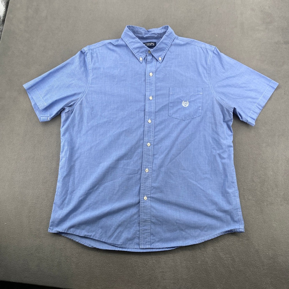 Chaps Mens XL Blue Micro Check Easy Care Short Sleeve Button Down Shirt 7785